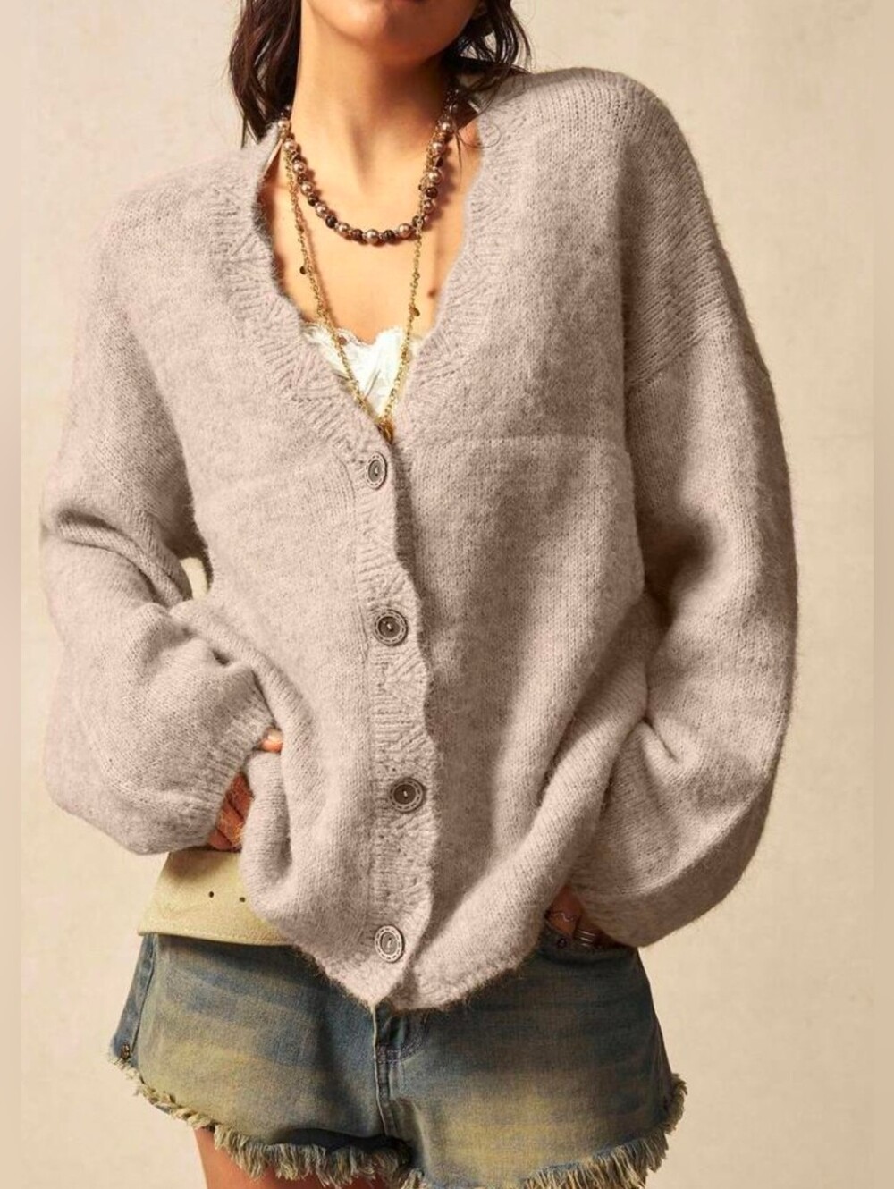 New Oversized Scalloped Trim Button Up Knit Cardigan Sweater Pockets Beige Tan - Picture 5 of 10